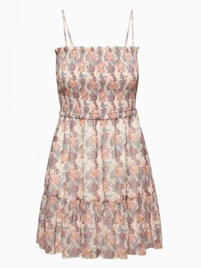 Aritzia Wilfred Tempest Sleeveless Tiered Chiffon Mini Dress Wheat/Basalt Grey M